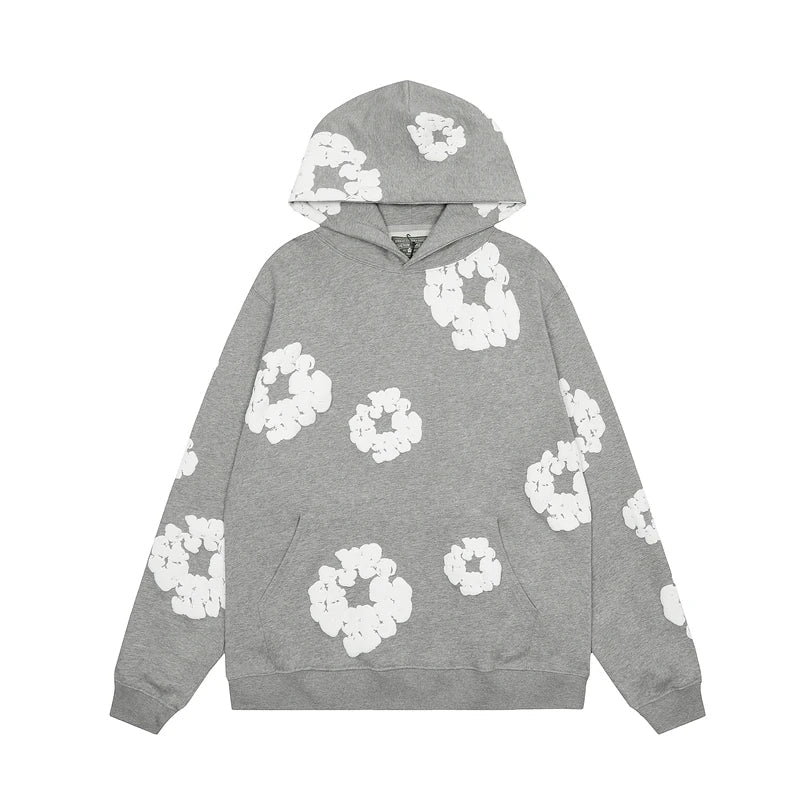 "Blauwe denim hoodie met bloemenprint en capuchon, trendy en comfortabel voor heren in de winter."