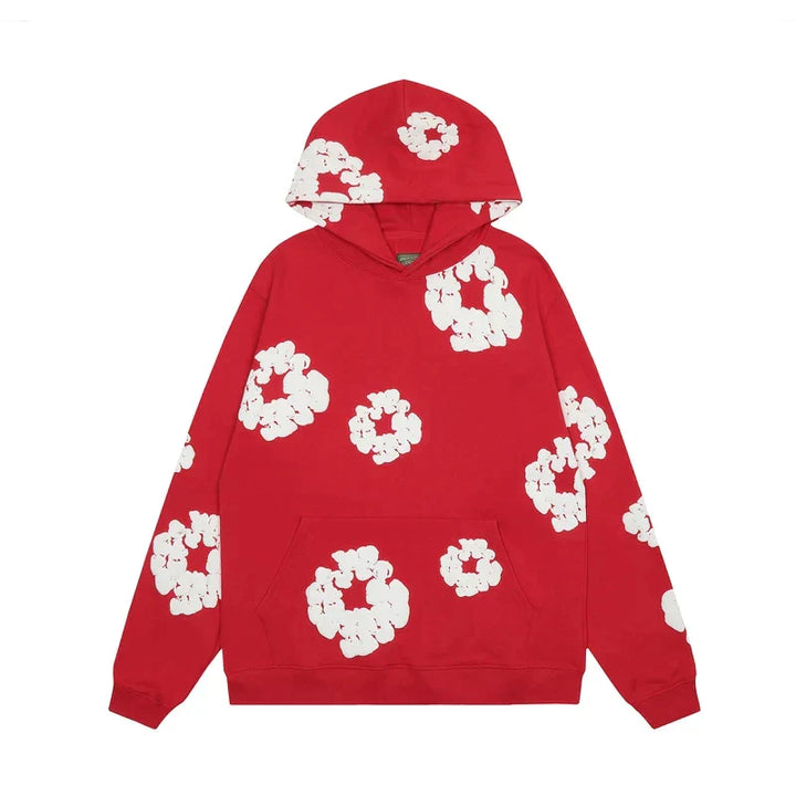 "Blauwe denim hoodie met bloemenprint en capuchon, trendy en comfortabel voor heren in de winter."