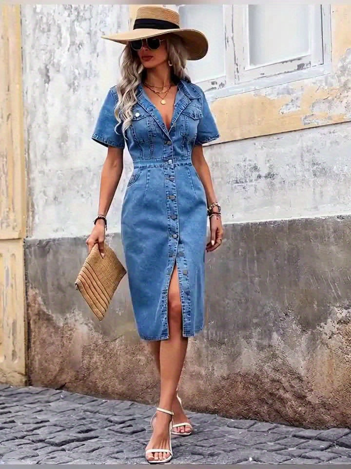 "Blauwe denim jurk met korte mouwen en knoopsluiting voorzijde, ideale stijlvolle keuze voor elke gelegenheid."