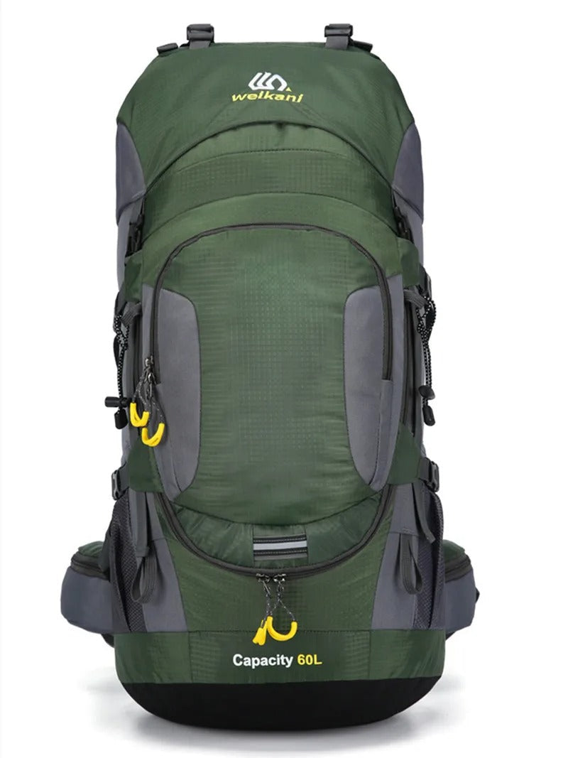 "Blauwe outdoor rugzak 60L, waterdicht, met meerdere vakken en comfortabele schouderriemen, ideaal voor kamperen."
