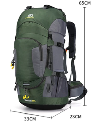 "Blauwe outdoor rugzak 60L, waterdicht, met meerdere vakken en comfortabele schouderriemen, ideaal voor kamperen."