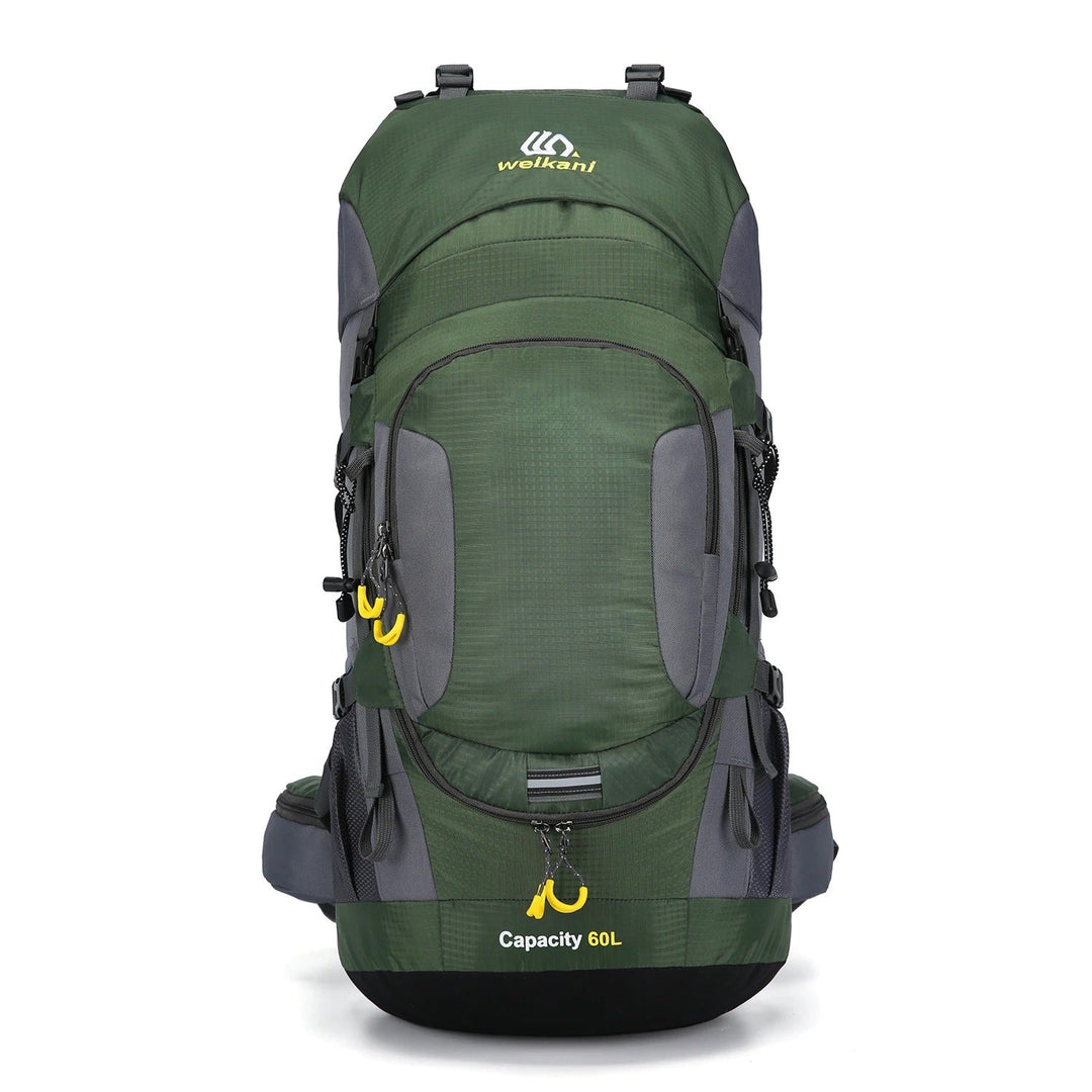"Blauwe outdoor rugzak 60L, waterdicht, met meerdere vakken en comfortabele schouderriemen, ideaal voor kamperen."