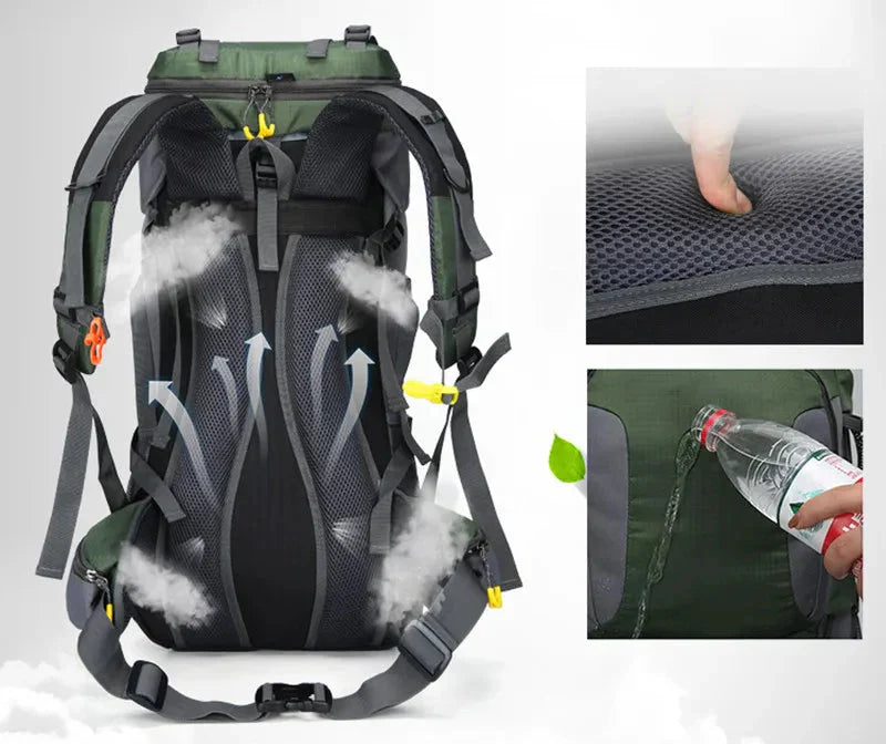 "Blauwe outdoor rugzak 60L, waterdicht, met meerdere vakken en comfortabele schouderriemen, ideaal voor kamperen."