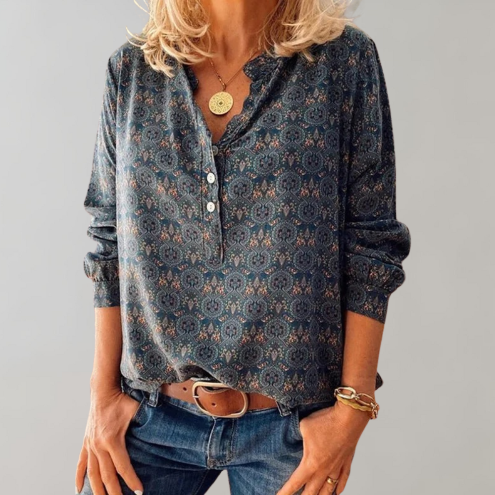 "Blauwe vintage lange mouw blouse, elegant ontwerp, veelzijdig voor casual en formeel gebruik, dames top."