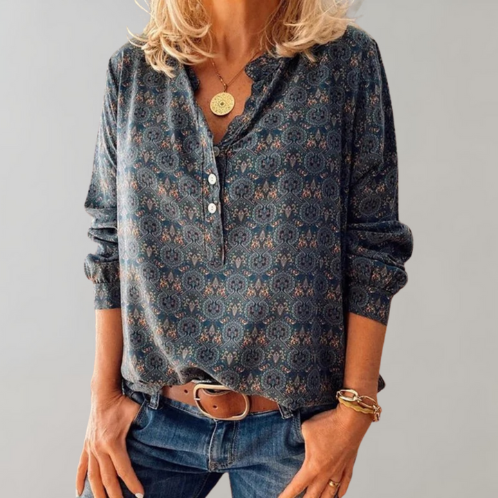 "Blauwe vintage lange mouw blouse, elegant ontwerp, veelzijdig voor casual en formeel gebruik, dames top."