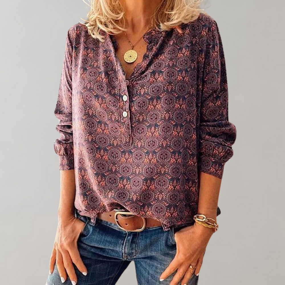 "Blauwe vintage lange mouw blouse, elegant ontwerp, veelzijdig voor casual en formeel gebruik, dames top."