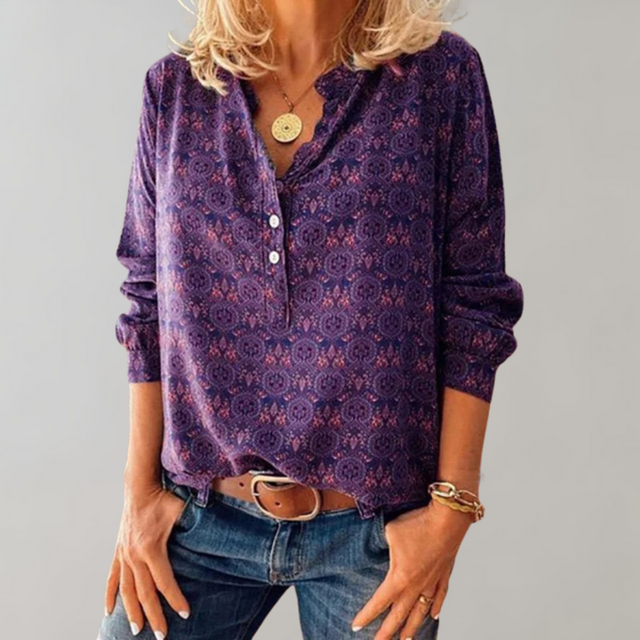 "Blauwe vintage lange mouw blouse, elegant ontwerp, veelzijdig voor casual en formeel gebruik, dames top."