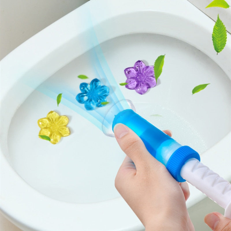 "Bloemvormige toiletreiniger en luchtverfrisser met gel, biedt langdurige frisse bloemengeur, geschikt voor badkamer."