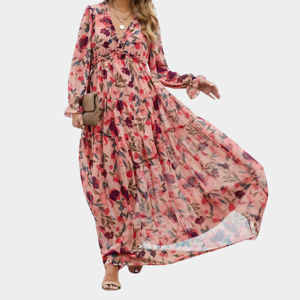 "Boho maxi-jurk met kleurrijke bloemenprint en diepe V-hals, ideaal voor zomerse stijl en elegantie"