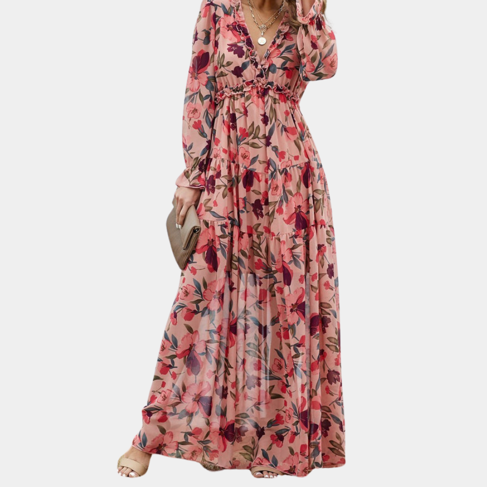 "Boho maxi-jurk met kleurrijke bloemenprint en diepe V-hals, ideaal voor zomerse stijl en elegantie"