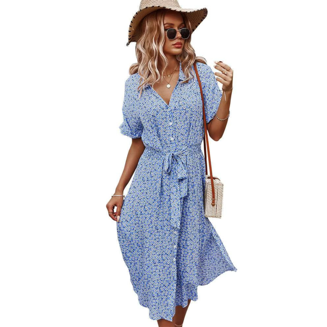 "Boho maxi-jurk met kleurrijke bloemenprint, luchtige stof, perfecte zomerkeuze voor zonnige dagen, bohemian stijl."