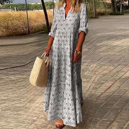 Boho maxi-jurk voor dames met V-hals, geometrische patronen en opgerolde mouwen, vloeiende pasvorm voor chic en casual stijl.
