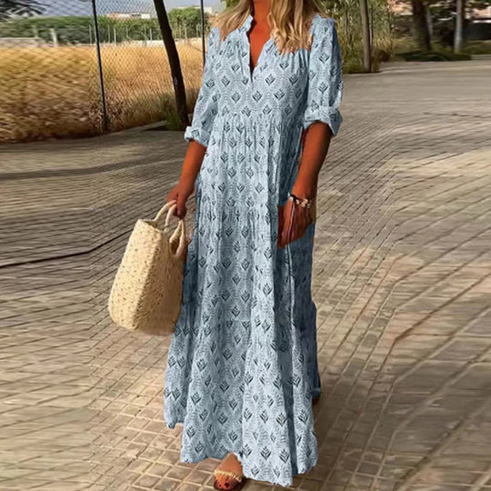 Boho maxi-jurk voor dames met V-hals, geometrische patronen en opgerolde mouwen, vloeiende pasvorm voor chic en casual stijl.