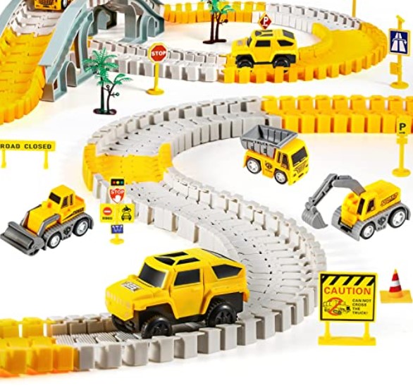"Bouw je eigen racebaan met 305 onderdelen; kleurrijke baansecties, elektrische auto's en creatieve bochten voor kinderen."