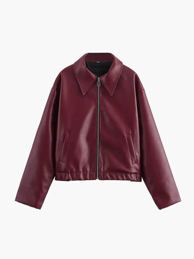 "Burgundy damesjas van imitatieleer met getailleerde snit, bordeauxrode kleur en zilverkleurige details voor stijlvolle look"