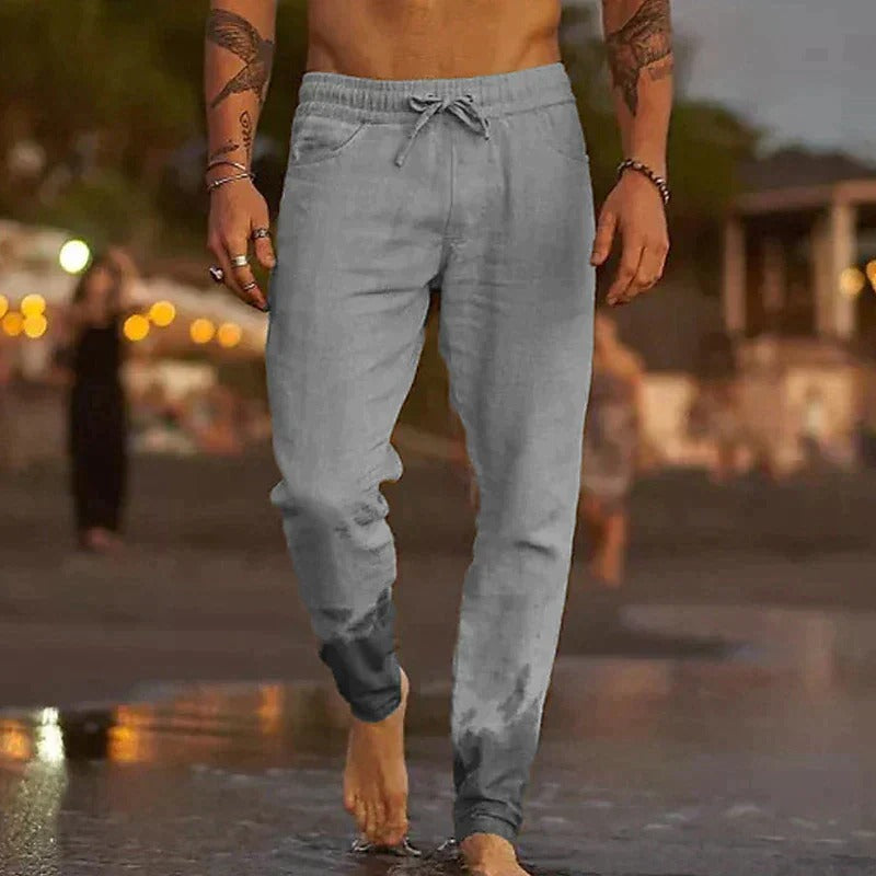 "Casual linnen broek voor heren, ademend, stijlvol, in lichte zomerkleuren, relaxed fit voor optimaal comfort."
