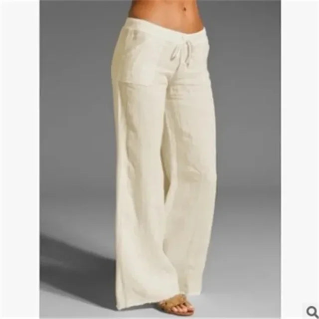 "Casual luchtige linnen damesbroek voor zomerse dagen, elastische tailleband, blauw, bruin, crème, grijs, marine, wit"