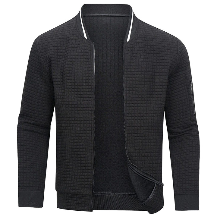 "Casual minimalistische herenjas, wit, monochroom rasterpatroon, stijlvol en warm, ideaal voor dagelijks gebruik."