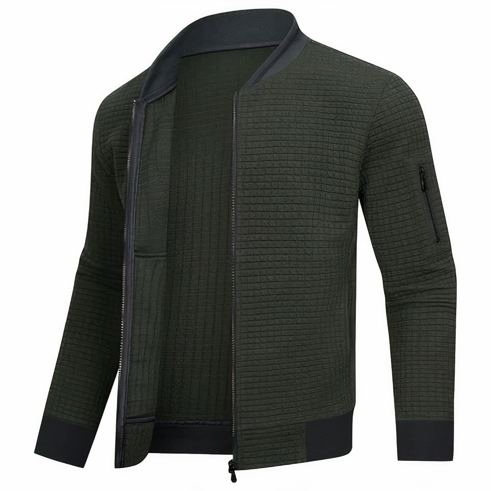 "Casual minimalistische herenjas, wit, monochroom rasterpatroon, stijlvol en warm, ideaal voor dagelijks gebruik."