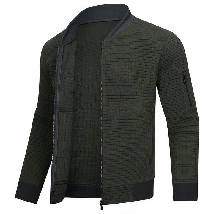 "Casual minimalistische herenjas, wit, monochroom rasterpatroon, stijlvol en warm, ideaal voor dagelijks gebruik."