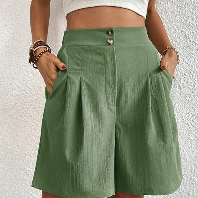 "Chique dames shorts met zilveren dubbele knopen, hoge taille, ideaal voor zomer, veelzijdig en comfortabel voor elke outfit.