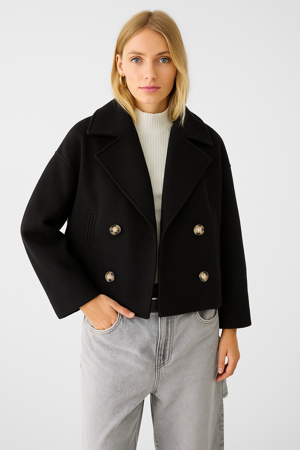 "Chique korte double-breasted jas van wolmix, cropped lengte, verfijnde knopen en steekzakken, elegant voor elke gelegenheid.
