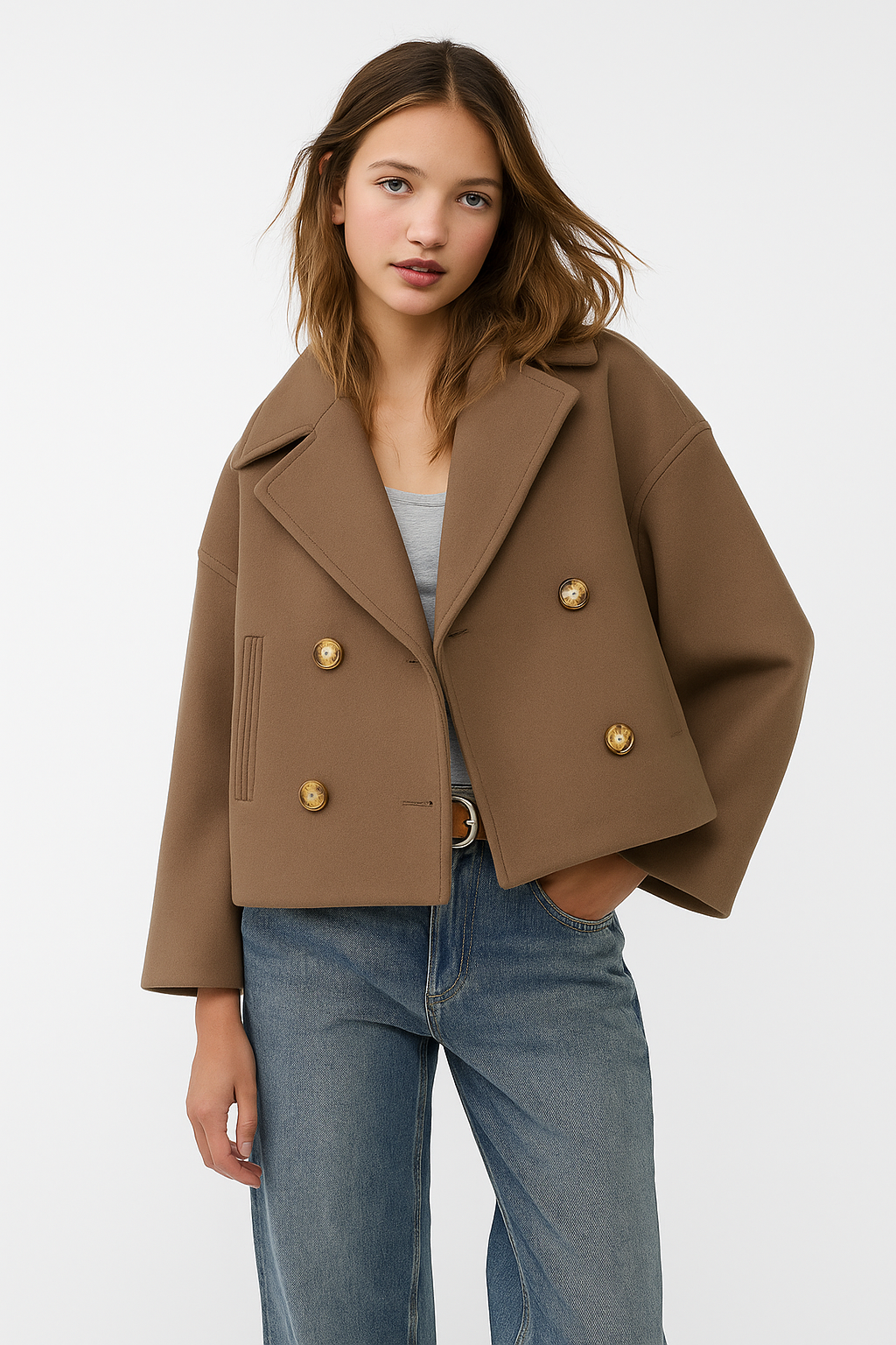 "Chique korte double-breasted jas van wolmix, cropped lengte, verfijnde knopen en steekzakken, elegant voor elke gelegenheid.