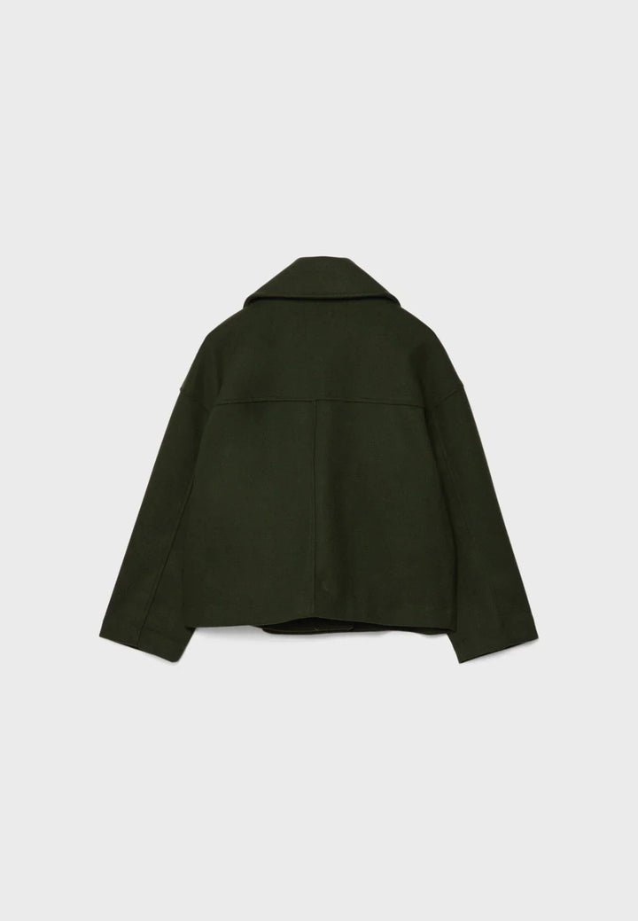 "Chique korte double-breasted jas van wolmix, cropped lengte, verfijnde knopen en steekzakken, elegant voor elke gelegenheid.
