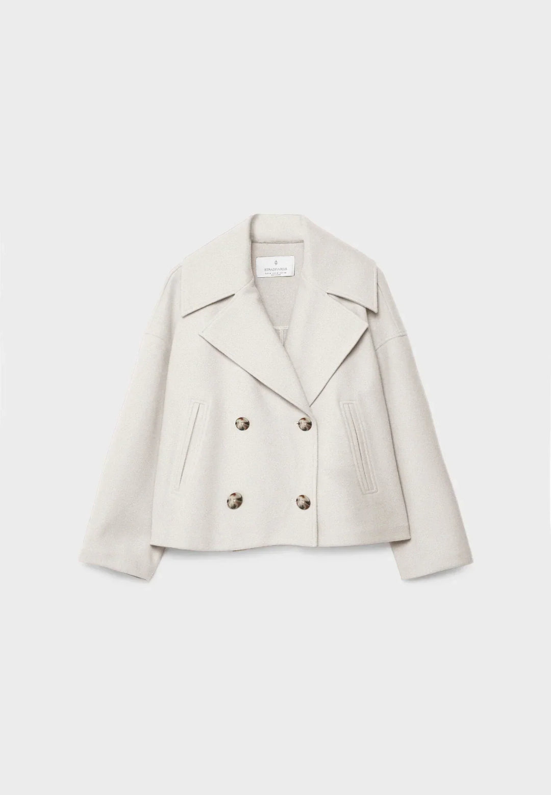 "Chique korte double-breasted jas van wolmix, cropped lengte, verfijnde knopen en steekzakken, elegant voor elke gelegenheid.