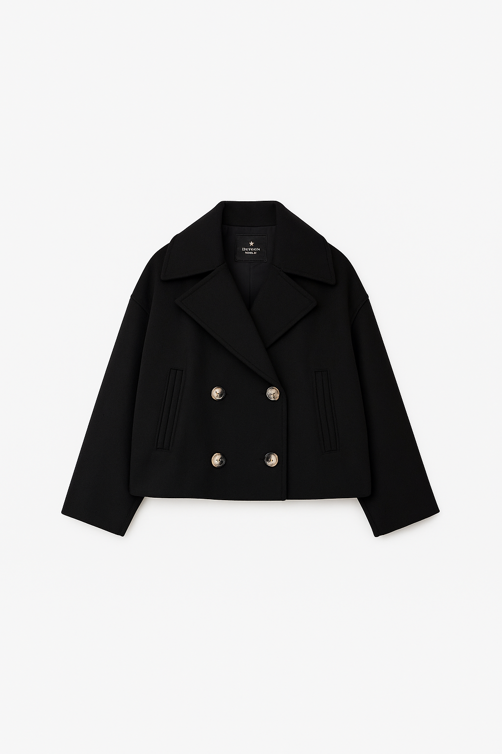 "Chique korte double-breasted jas van wolmix, cropped lengte, verfijnde knopen en steekzakken, elegant voor elke gelegenheid.