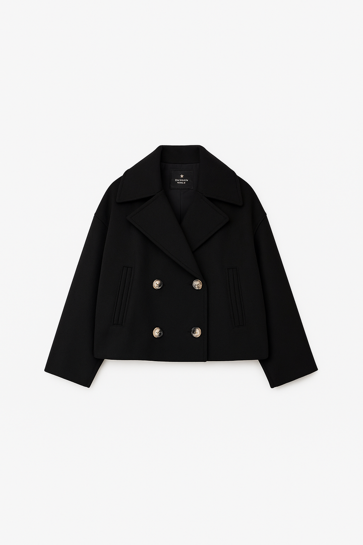 "Chique korte double-breasted jas van wolmix, cropped lengte, verfijnde knopen en steekzakken, elegant voor elke gelegenheid.