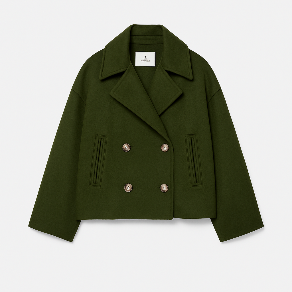 "Chique korte double-breasted jas van wolmix, cropped lengte, verfijnde knopen en steekzakken, elegant voor elke gelegenheid.