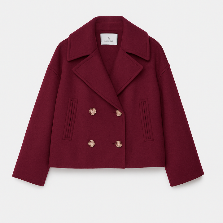 "Chique korte double-breasted jas van wolmix, cropped lengte, verfijnde knopen en steekzakken, elegant voor elke gelegenheid.