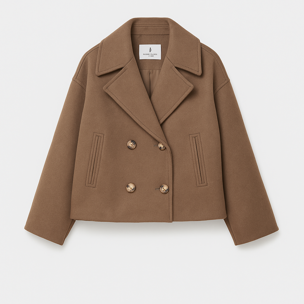 "Chique korte double-breasted jas van wolmix, cropped lengte, verfijnde knopen en steekzakken, elegant voor elke gelegenheid.