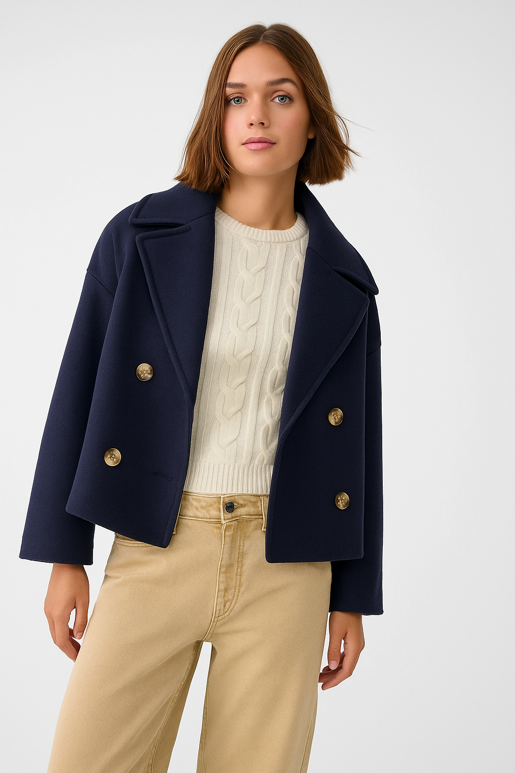 "Chique korte double-breasted jas van wolmix, cropped lengte, verfijnde knopen en steekzakken, elegant voor elke gelegenheid.