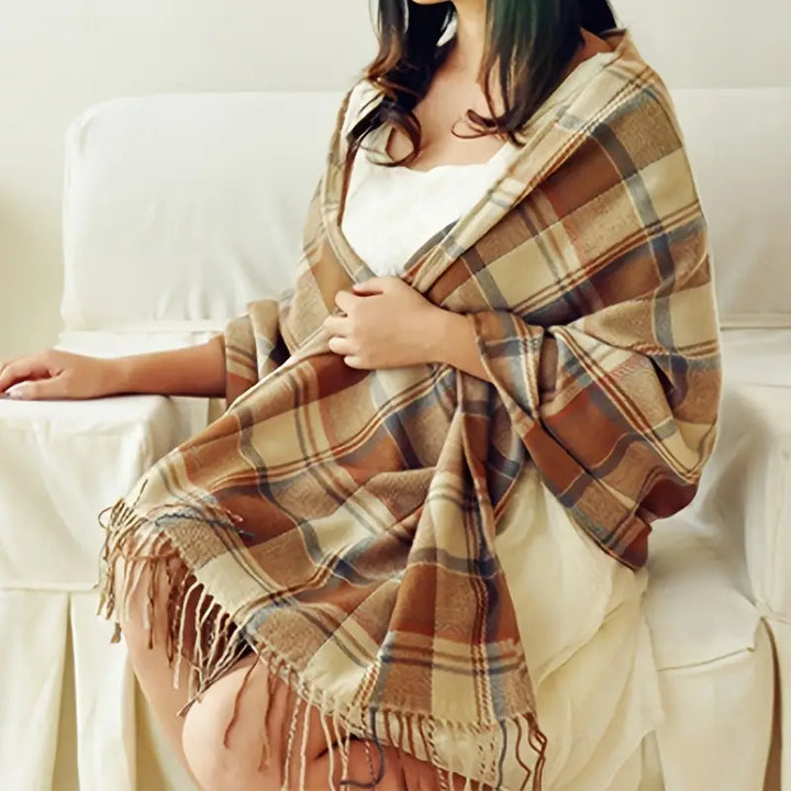 "Coleen kasjmier sjaal met ruitenpatroon in beige, 180x50 cm, modieuze en warme winteraccessoire voor dames."