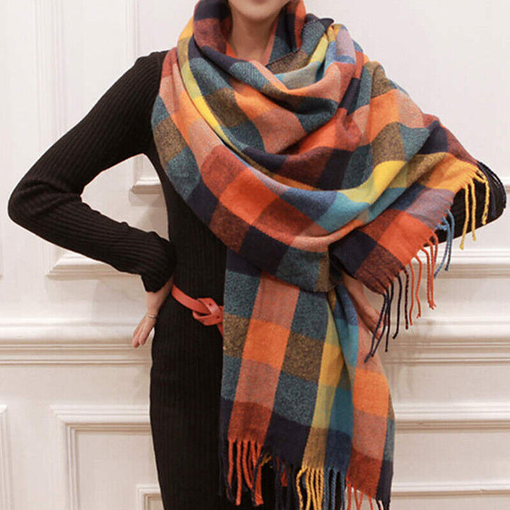 "Coleen kasjmier sjaal met ruitenpatroon in beige, 180x50 cm, modieuze en warme winteraccessoire voor dames."