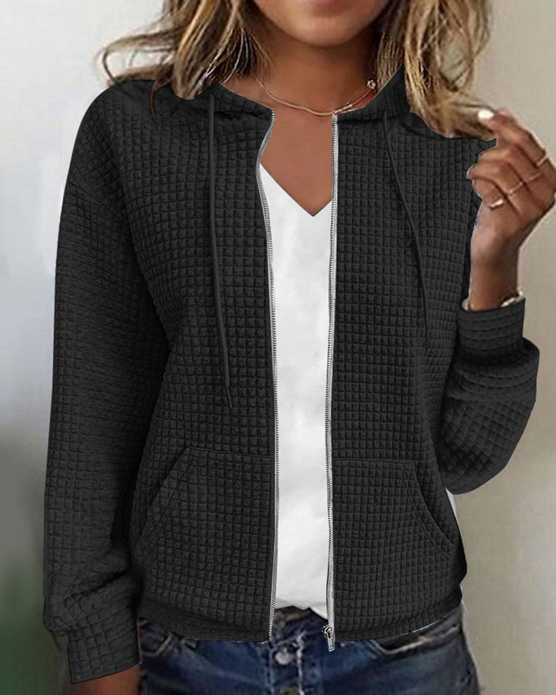 "Comfortabel damesvest met zakken, casual stijl, tijdloos design, praktische ritssluiting, ademende stof, grijs met capuchon.