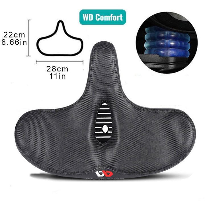 "Comfortabel fietszadel met extra brede zitting, ergonomisch design, ademende bekleding, schokabsorberend schuim."
