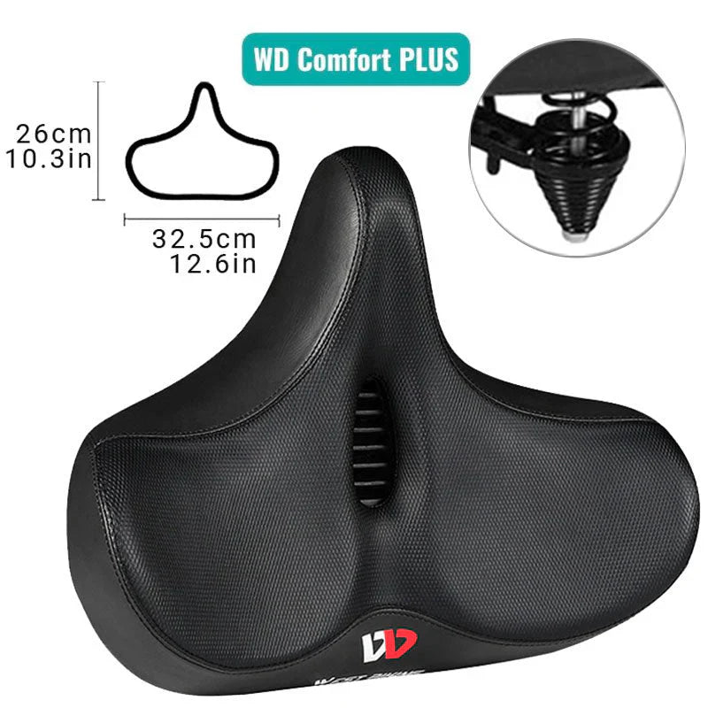 "Comfortabel fietszadel met extra brede zitting, ergonomisch design, ademende bekleding, schokabsorberend schuim."