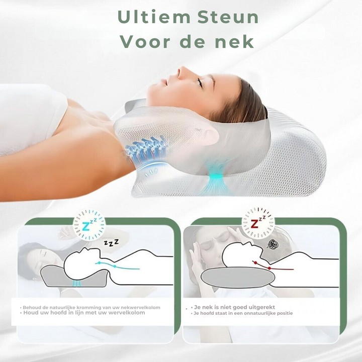 "Comfortabel orthopedisch kussen, wit traagschuim, ademend ontwerp voor optimale nek- en rugondersteuning."