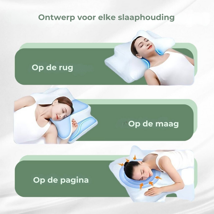 "Comfortabel orthopedisch kussen, wit traagschuim, ademend ontwerp voor optimale nek- en rugondersteuning."