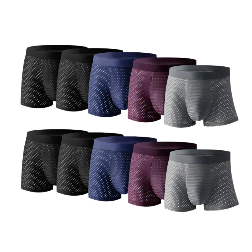 "Comfortabele BambooLux boxershorts van bamboe viscose en biologisch katoen, in zwart, grijs en marineblauw."