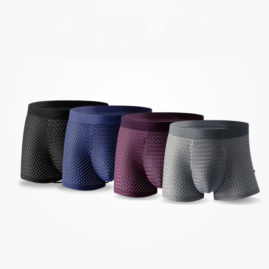"Comfortabele BambooLux boxershorts van bamboe viscose en biologisch katoen, in zwart, grijs en marineblauw."
