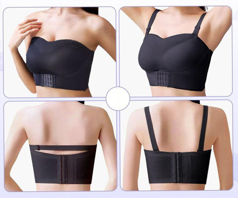 "Comfortabele BH met voorstraps, zwarte kleur, biedt extra ondersteuning en veelzijdig ontwerp zonder banden"