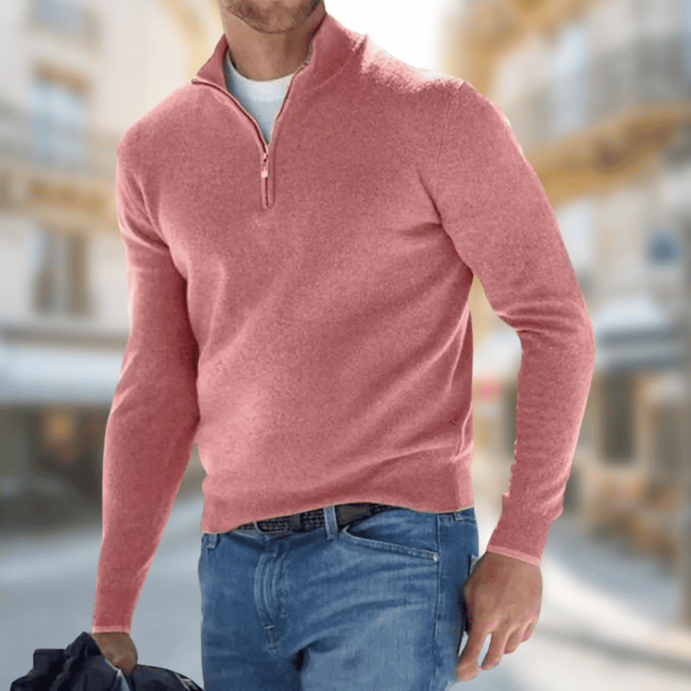 "Comfortabele half-zip herentrui in zachte wolmix met moderne stijl en ribboorden, ideaal voor casual en smart-casual looks."