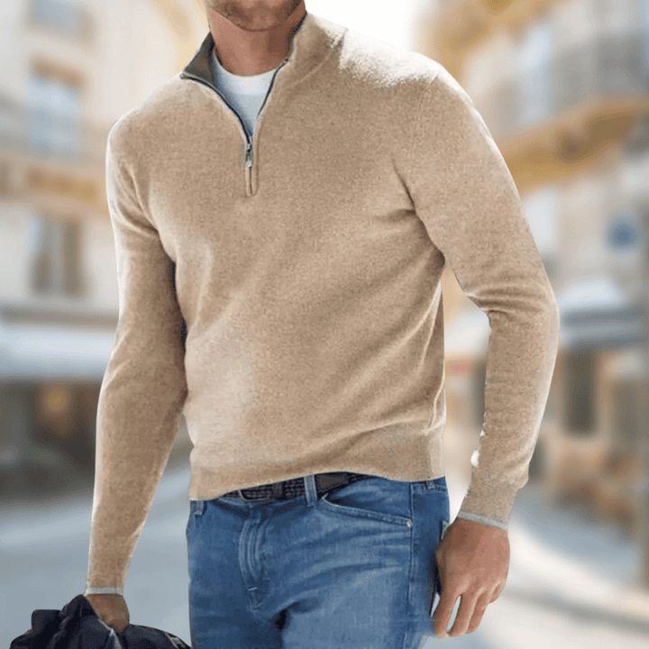 "Comfortabele half-zip herentrui in zachte wolmix met moderne stijl en ribboorden, ideaal voor casual en smart-casual looks."