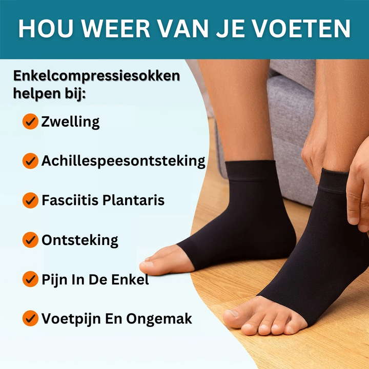 "Comfortabele unisex compressiekous, zwart, enkelhoogte, voor pijnverlichting en steun bij neuropathie en fasciitis."