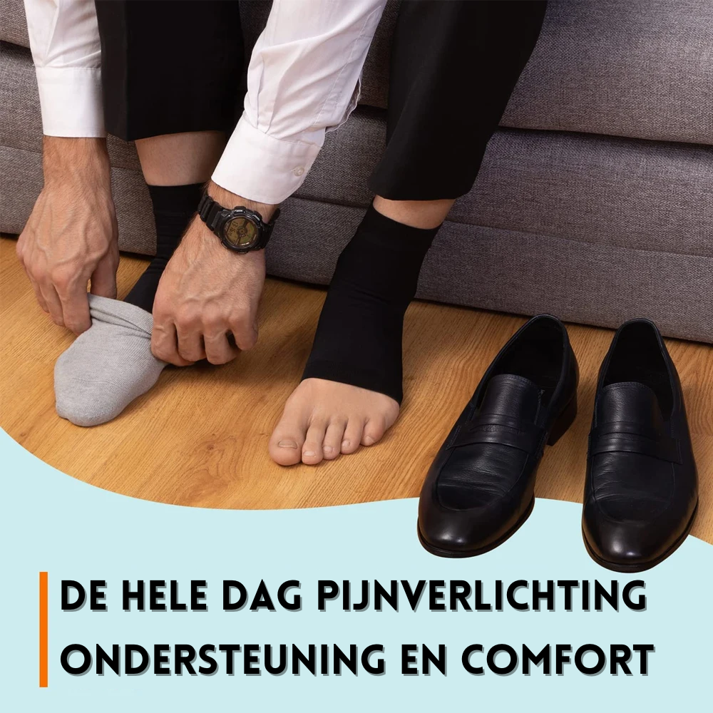 "Comfortabele unisex compressiekous, zwart, enkelhoogte, voor pijnverlichting en steun bij neuropathie en fasciitis."