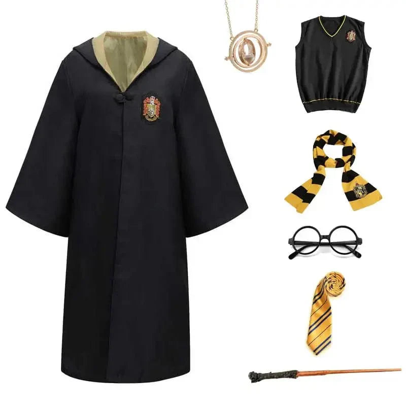 "Compleet Harry Potter kostuum met authentieke Hogwarts-jas, bril, sjaal en toverstok; ideaal voor fantasieavonturen."